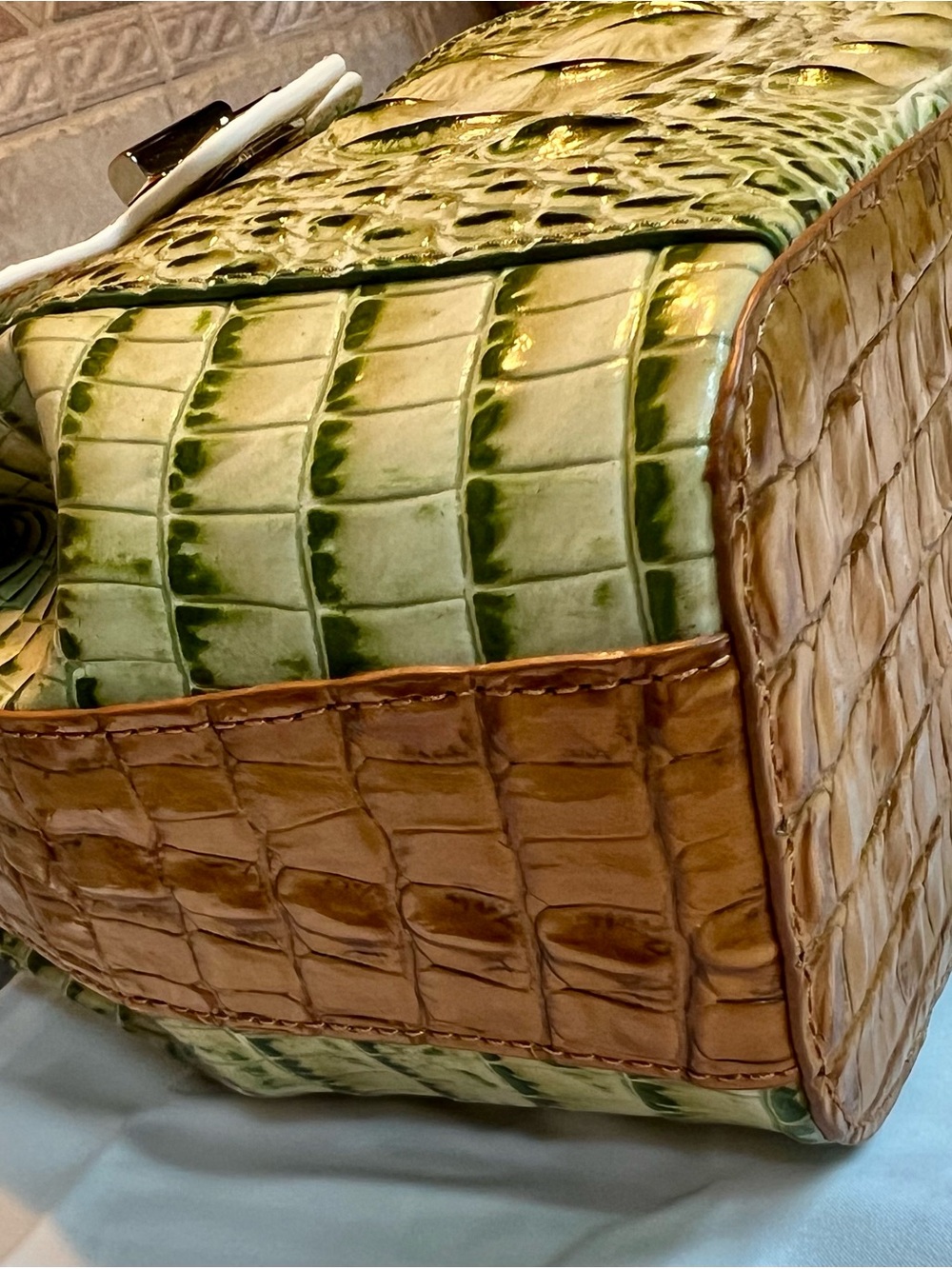 Brahmin Green and White Croc-Embossed Satchel with Gold Hardware - Picture 5 of 13